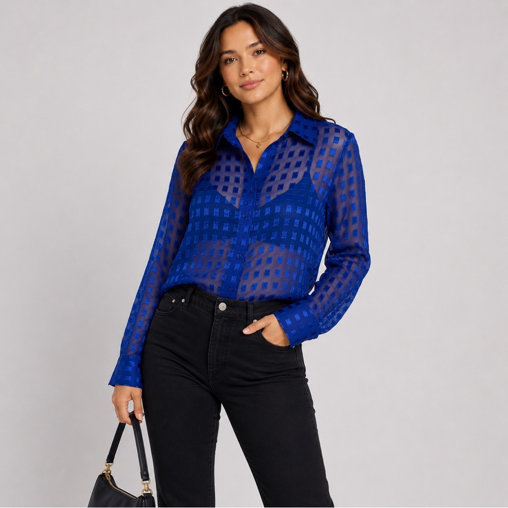 Basic Editions Sheer Solid Royal Blue Button-Down Long Sleeve Sheer Blouse L